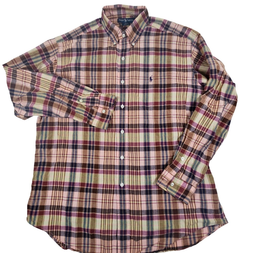 Polo Ralph Lauren Blake‎ Mens Large Plaid Button Down Shirt Pink Purple Cotton